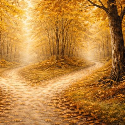 A serene autumn forest with a forked path covered in golden leaves.